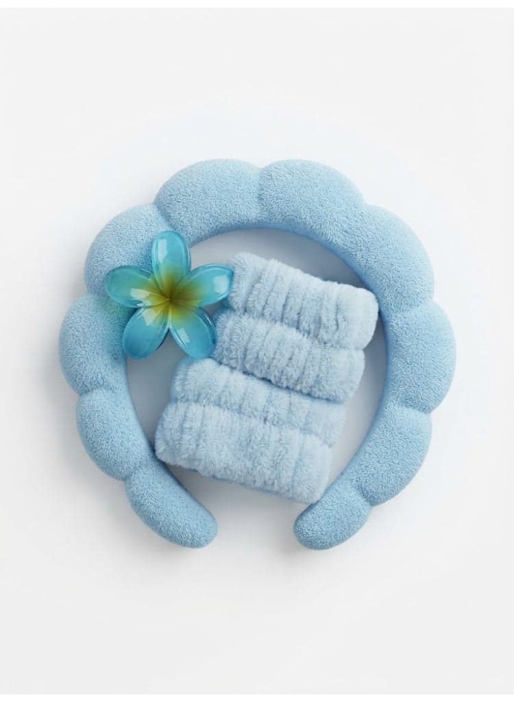 Fluffy Spa Headband and Wristbands Set with Floral Hair Claw - Sky Blue