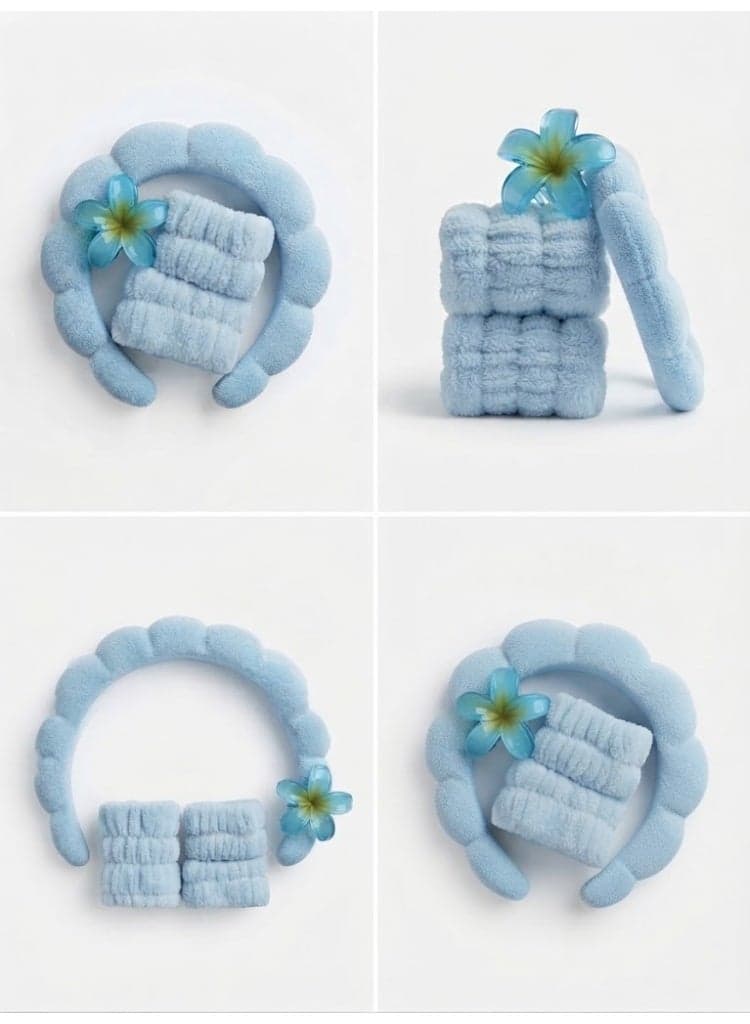 Fluffy Spa Headband and Wristbands Set with Floral Hair Claw - Sky Blue (٢)