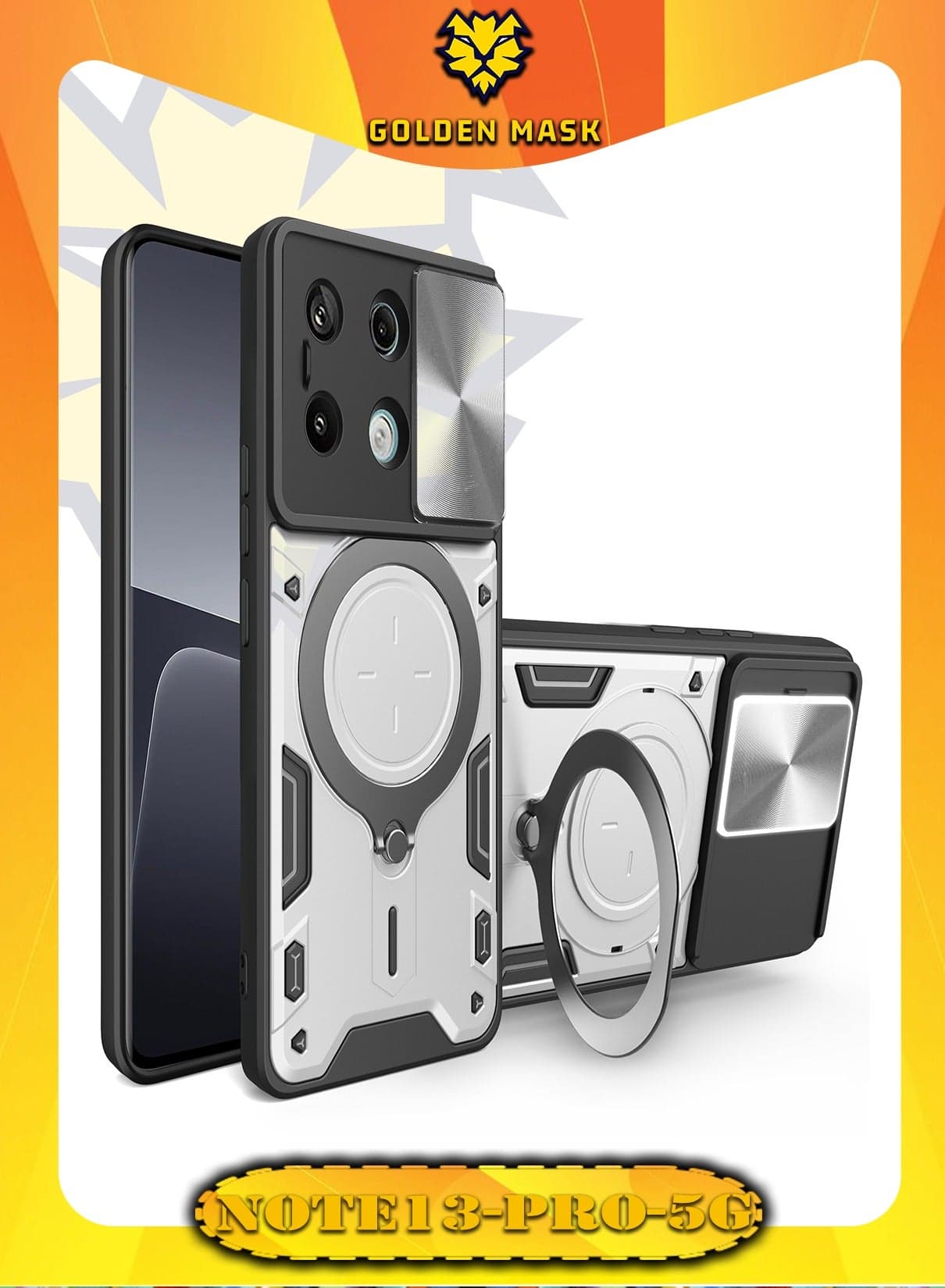 GOLDEN MASK For Xiaomi Redmi Note 13 Pro 5G Armored Camera Shield Cover Camera Lend Protection, Built-in 360° (Silver)