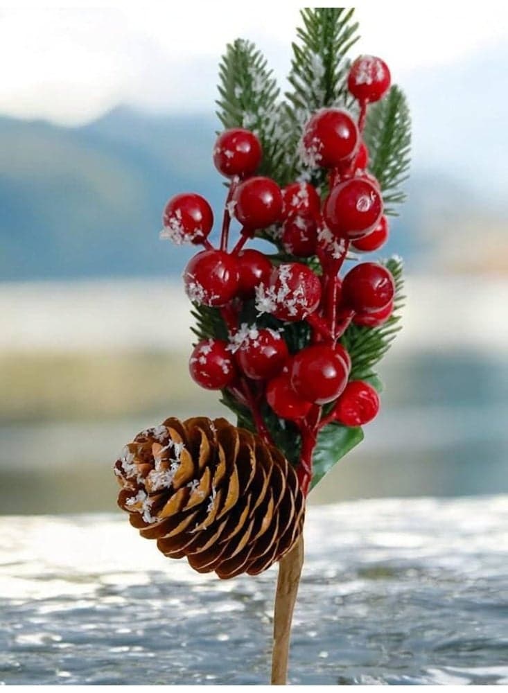 Christmas cherry branch and tree branch with snow and artichoke. Branch length: 25 cm