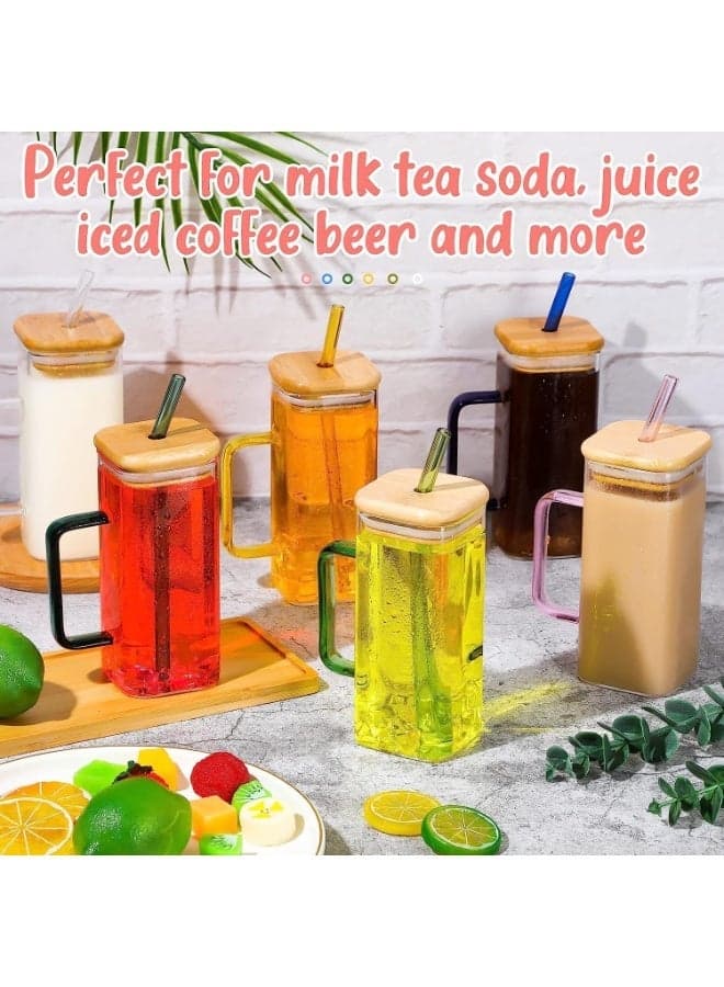Glass iced coffee mug with a straw, a colored handle (available in various colors), and a bamboo lid; jar-style design. (6)