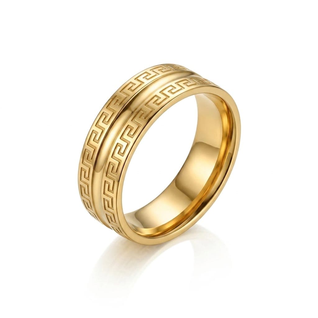 A stylish unisex ring in gold, crafted from durable stainless steel, featuring a luxurious Greek-inspired design and eye-catching sparkling details. Perfect for your engagement or any special occasion! Women's Rings