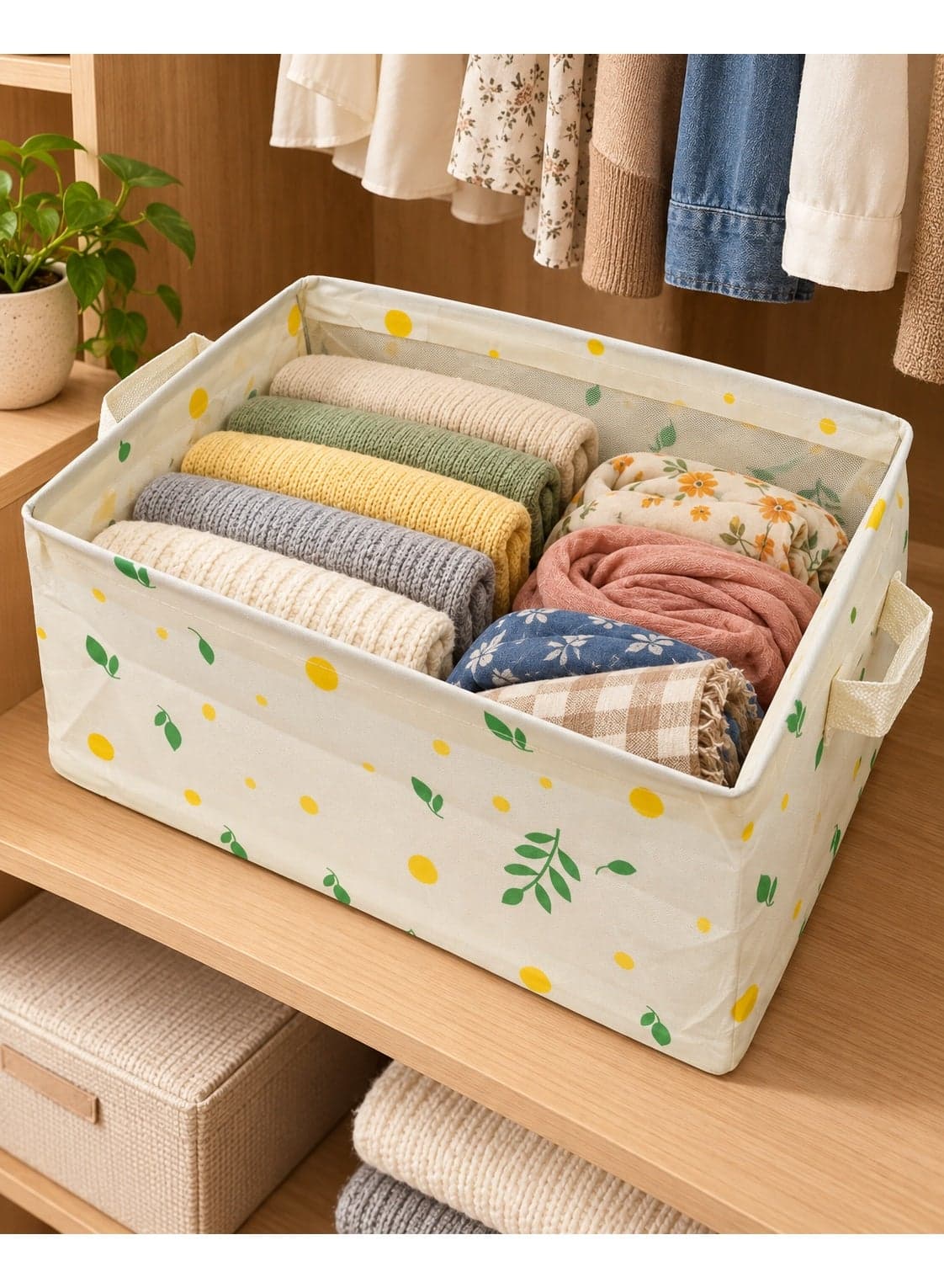 Versatile storage organizer for clothes, toys, and household items; rectangular fabric storage box with side carry handles—ideal for closets, shelves, bedrooms, and children's rooms. (٥)