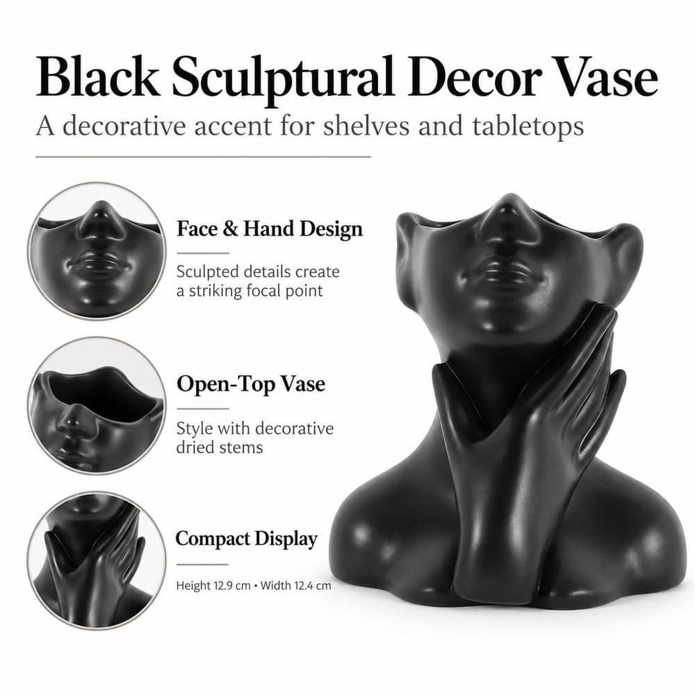 Female Face Bust Flower Vase for Home and Desktop Decoration - Black - 1-43 (٢)