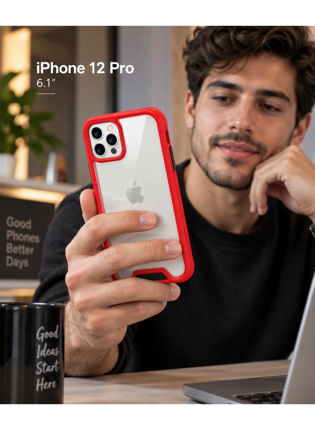 Clear Hybrid Shockproof Protective Case for iPhone 12 Pro - Rigid PC Clear Back, TPU Bumper, Black Buttons & 1.2mm Raised Camera Lip (1.2cm Slim Profile) - Red / Clear (٢)
