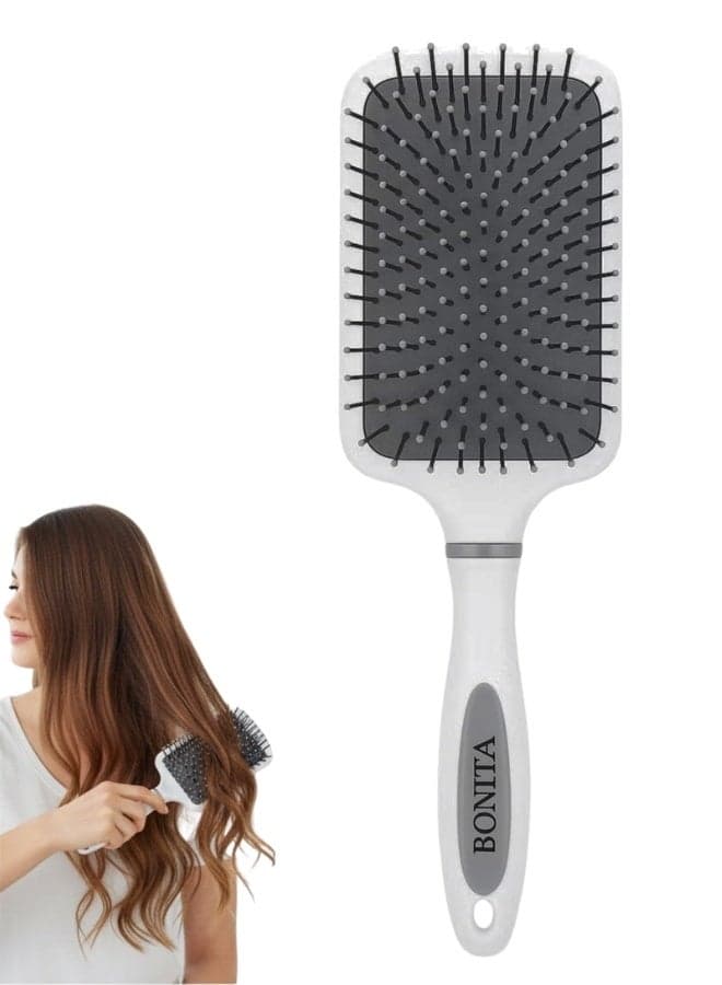 BONITA Professional Paddle Hair Brush for Detangling and Smoothing - Ergonomic Anti-Slip Grip Cushion Brush for Long, Thick & Curly Hair - Air-Vented Scalp Massage Bristles with Protective Round Tips - White & Grey