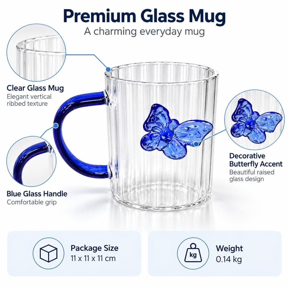 Transparent Glass Mug with Blue Handle and Butterfly Design - 41-35 Coffee Mugs (٤)