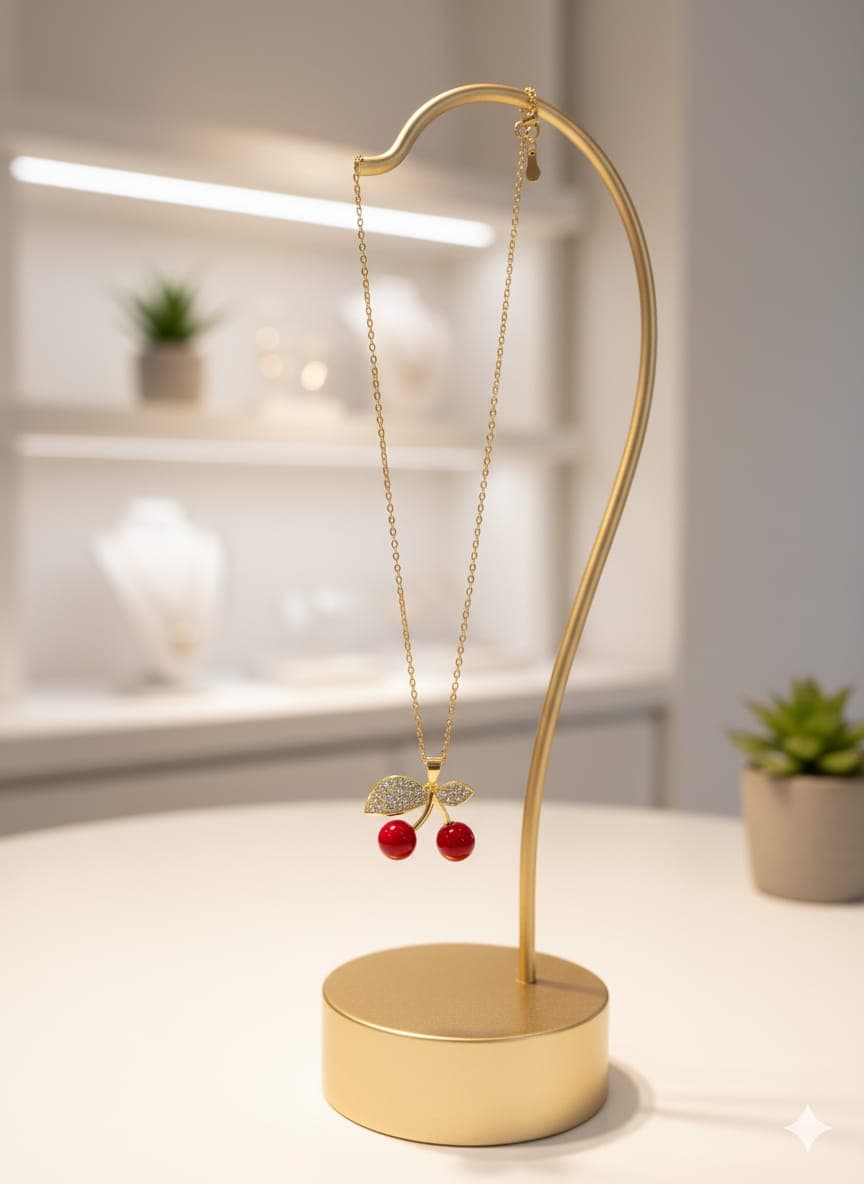 A delicate necklace with a gold-plated chain. The pendant features an attractive red cherry design, complemented by a shiny gold branch and small leaves. Adjustable to fit your preferred length. Women's Necklaces (5)