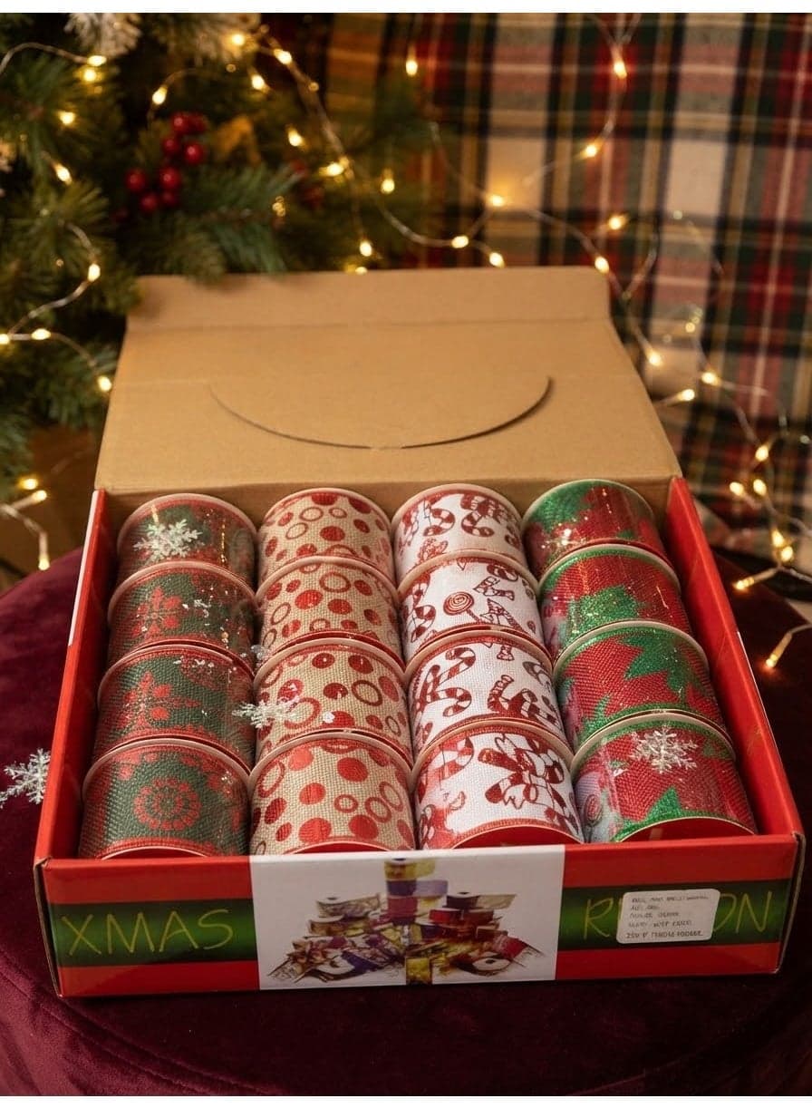 Christmas gift wrapping ribbon; a single roll of satin ribbon suitable for craft projects, DIY, decoration, and gift wrapping.