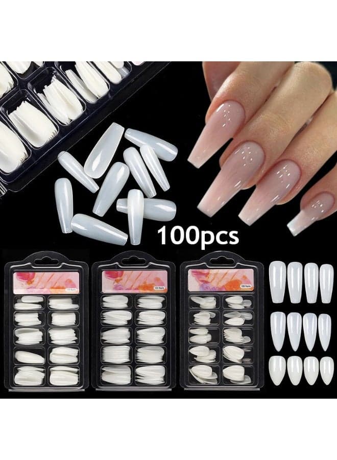 100 Pcs False Nail Tips with Storage Case-Full Cover Nails in 10 Sizes for Nail Salons and DIY Nail Art-Long Lasting and Durable Artificial Fingernails for Glamorous Looks WHITE Press On False Nails (٤)