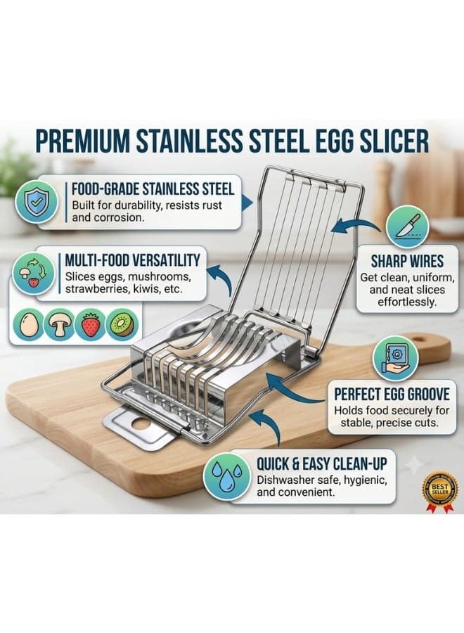 Stainless Steel Egg Slicer with 8 Cutting Wires, Foldable Multi-Purpose Food Slicer for Eggs, Mushrooms, Strawberries, Kiwi and Soft Fruits (٤)