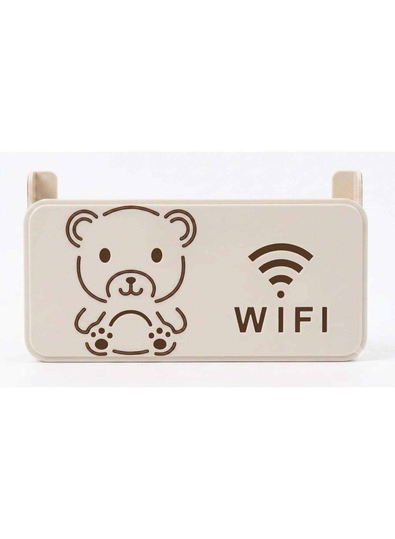 Wall Mount Router Holder & Cable Organizer Shelf with Cute Bear & WiFi Cutout Design – Heavy Duty No-Drilling Adhesive Floating Shelf for Home, Office & Shop – Off-White