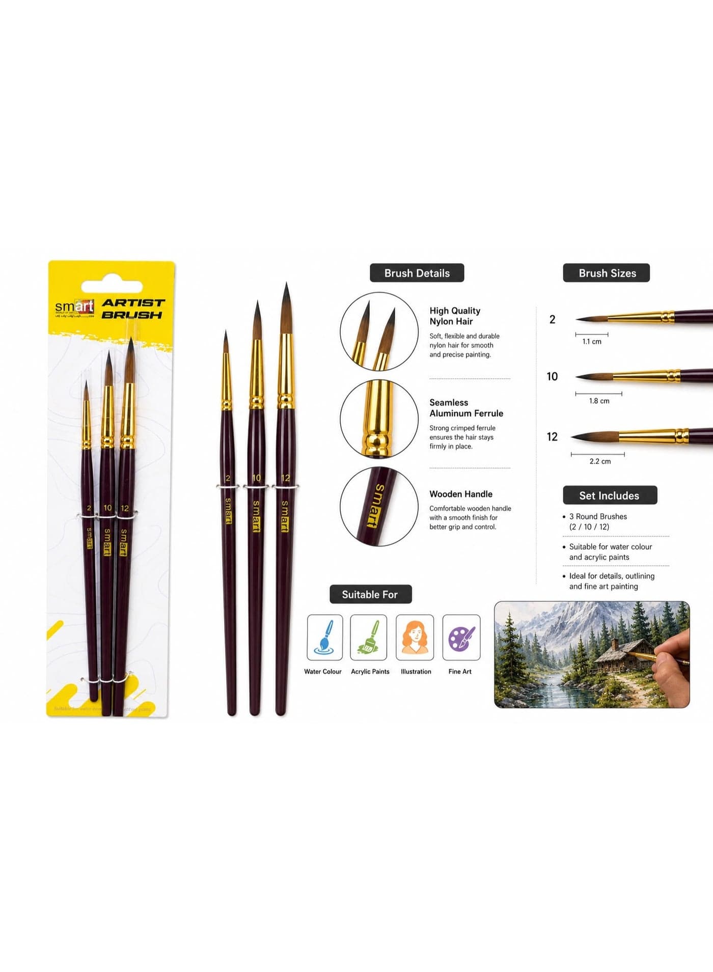 Smart 3 Pcs Nylon Hair Acrylic Oil Watercolor Painting Wooden Handle Artist Paint Brush Set (3)