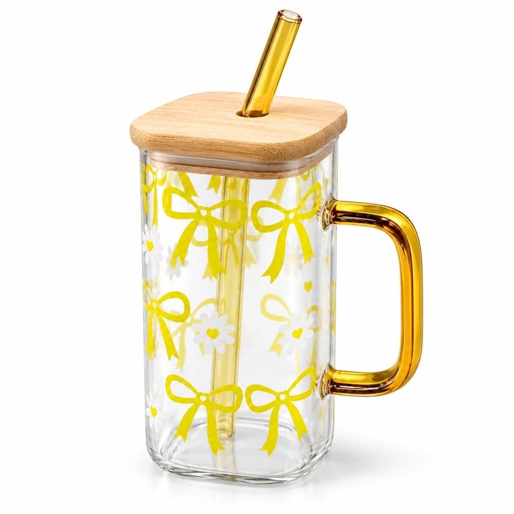 Tall Transparent Glass Mug with Wooden Lid Straw Gold Handle and Bow Design - 50-29 Coffee Mugs (٦)