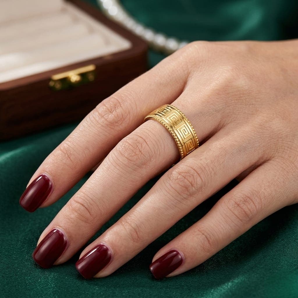 A stylish unisex ring in gold, crafted from durable stainless steel. It features an attractive geometric Greek motif and delicate raised edges. Perfect for engagements or special occasions! Women's Rings (٥)