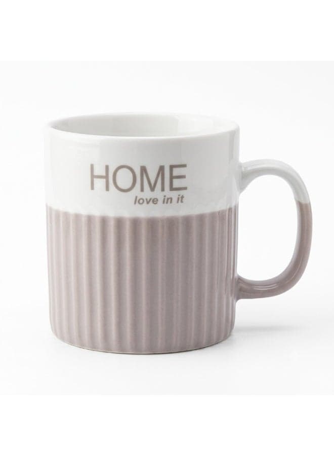 HOME ceramic mug with a stylish striped design, a practical capacity coffee and tea mug, a porcelain mug with a comfortable handle for hot and cold beverages, suitable for home, office, and hospitality.