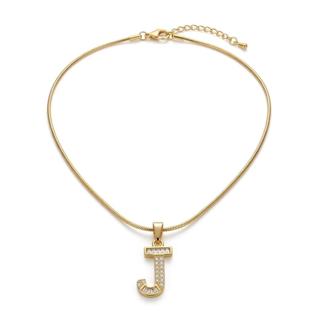 A luxurious, elegant gold necklace with a luxurious letter J pendant studded with sparkling baguette stones and zircon, with an adjustable clasp to fit you. Women's Necklaces