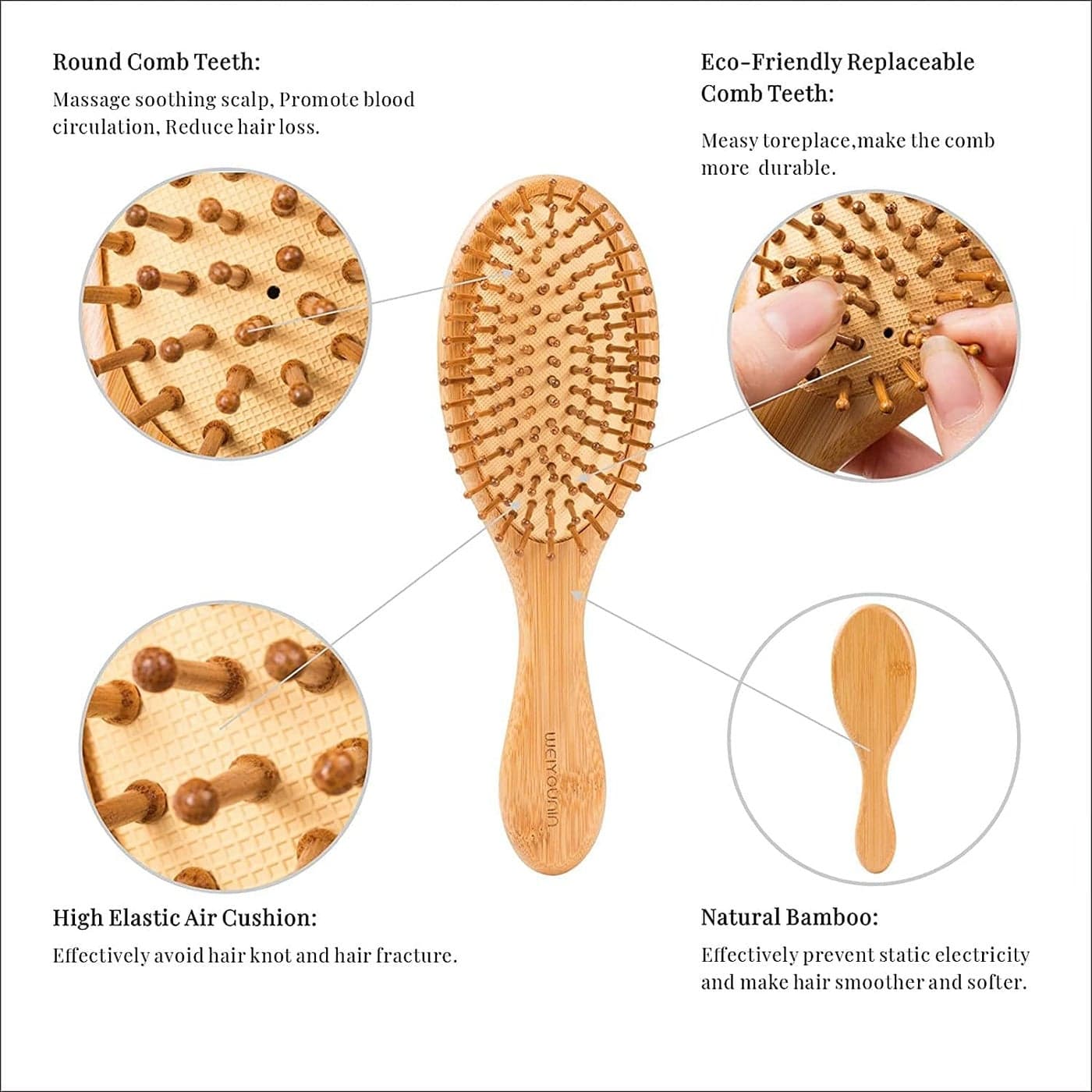 Wooden Hair Brushes For Women Wooden Hair Brush Air Cushioned with Wooden Bri... (٣)