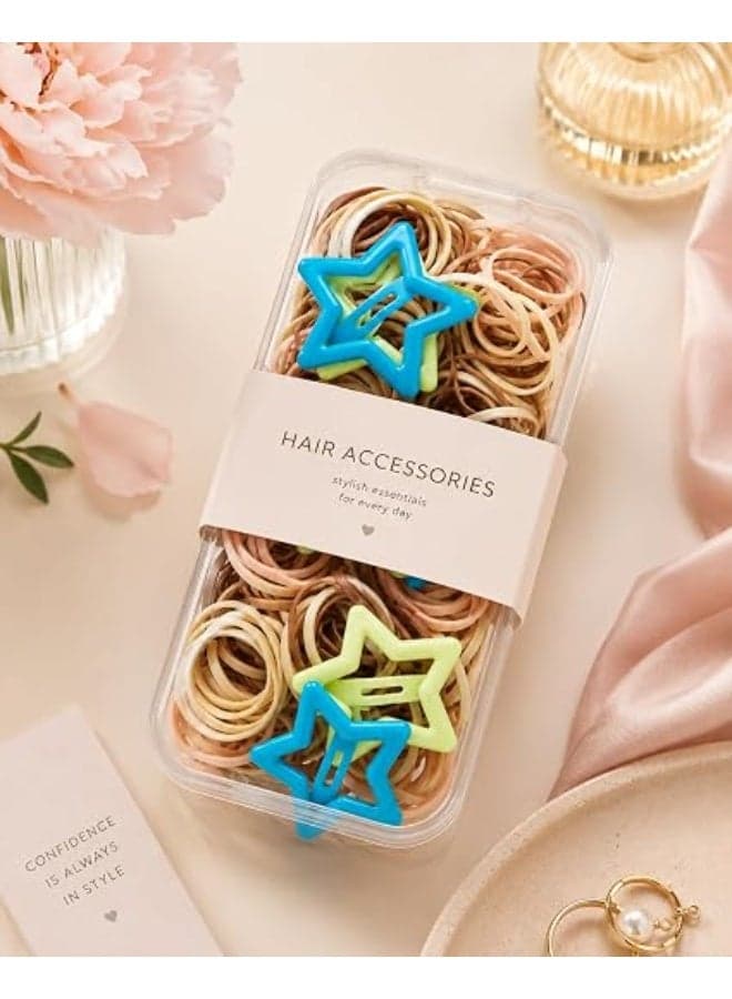 First Choice Small Elastic Hair Ties Set with Colorful Stars Hair Pins, Nude and Natural Color Elastic Hair Scrunchies for Kids and Adult Hairstyles, with Practical and Organized Transparent Storage Box - 31g (3)