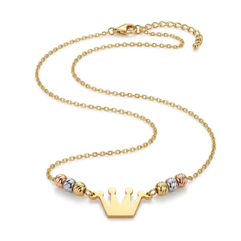 A regal necklace adorned with a gold crown pendant and colorful beads in a luxurious design, giving you a touch of elegance and distinction. It features an adjustable clasp for a perfect fit. Women's Necklaces (٣)