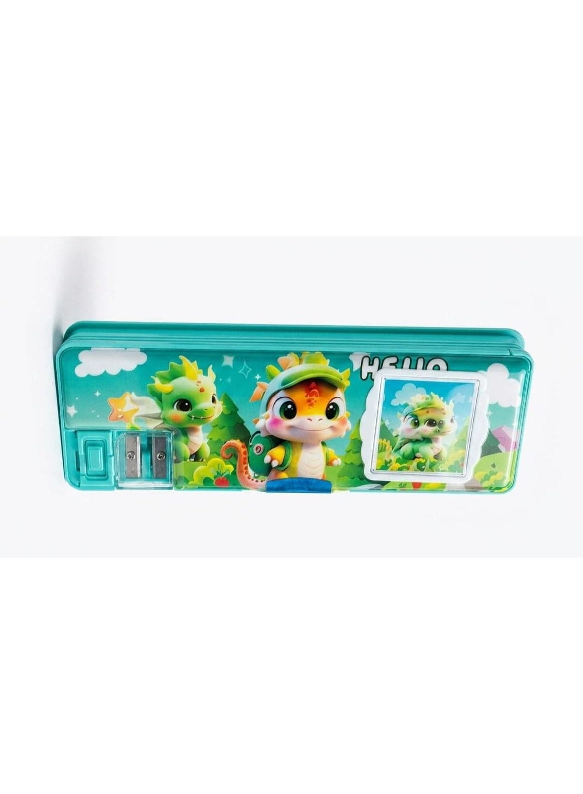 Cartoon-themed two-tier school pencil case with calculator and pencil sharpener; two-level pen holder for organizing school supplies