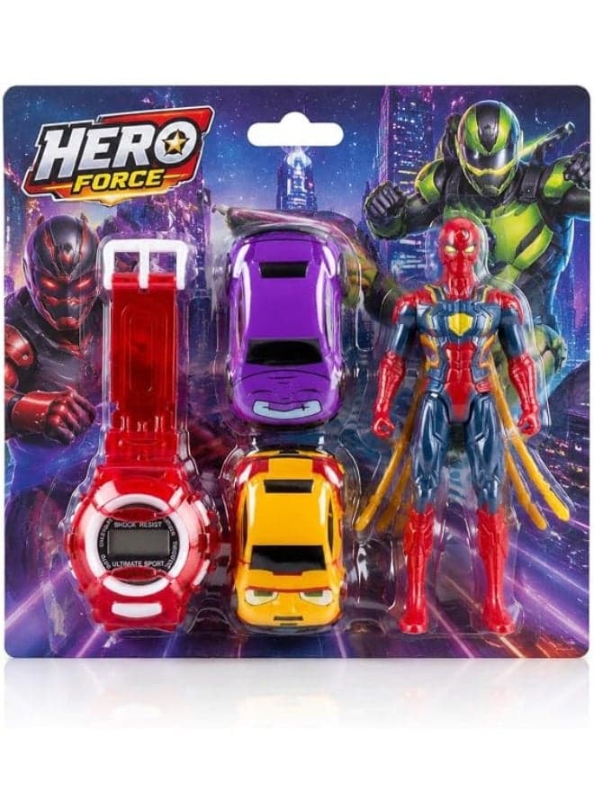First Choice Sci-Fi Hero Toy Set for Kids – Superhero Figure, Two Mini Cars, and Sports Digital Watch – Perfect Gift for Boys and Girls Action Figures