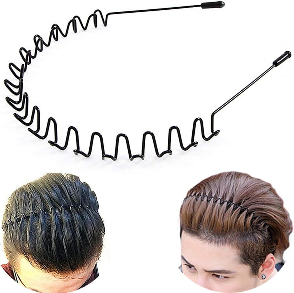 Generic Unisex Metal Hair Hoop with Wavy Non-Slip Design, Flexible Headband for Men and Women, Slim Hair Holder for Gym, Sports, Skincare, Makeup and Everyday Hairstyling, One Size, Black Men's Headbands