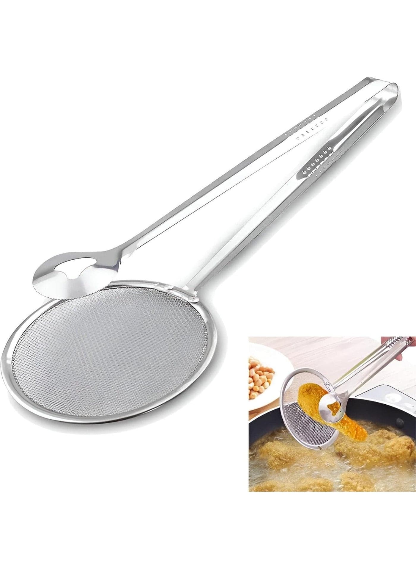 2-in-1 Kitchen Strainer Spoon with Tongs – Stainless Steel Mesh Skimmer for Frying, Grilling, Oil Drainage, and Safe Food Handling – 29 cm Cooking Tool Colanders & Food Strainers