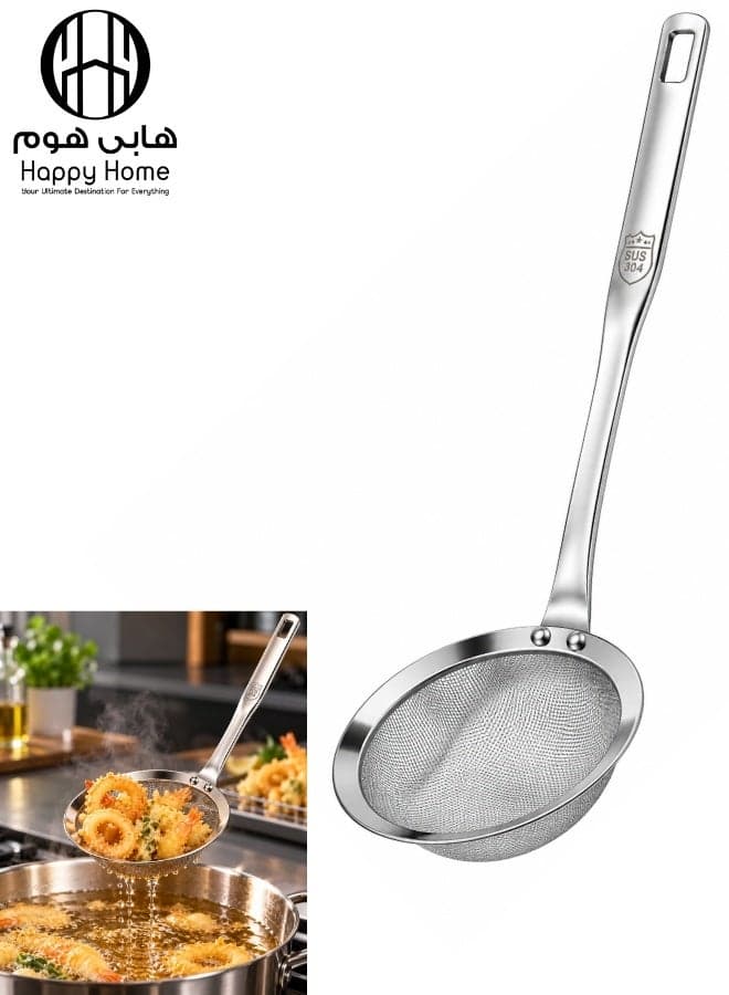 SUS 304 Stainless Steel Fine Mesh Kitchen Strainer with Long Handle, 33 cm Overall Length, 10 cm Width and 5 cm Depth, Multi-Purpose Sieve for Tea, Coffee, Herbs, Broth, Soup, Oil and Sauces, Draining Pasta, Vegetables, Small Fruits, Legumes and Washed Ingredients, Lifting Fried Foods and Removing Excess Oil, Ideal for Cooking, Beverage Preparation, Frying and Everyday Kitchen Straining with Hanging Hole