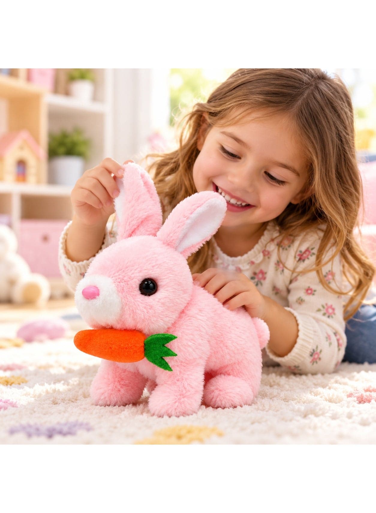 Pink Interactive Moving Bunny Plush Toy with Carrot, 17cm (2)