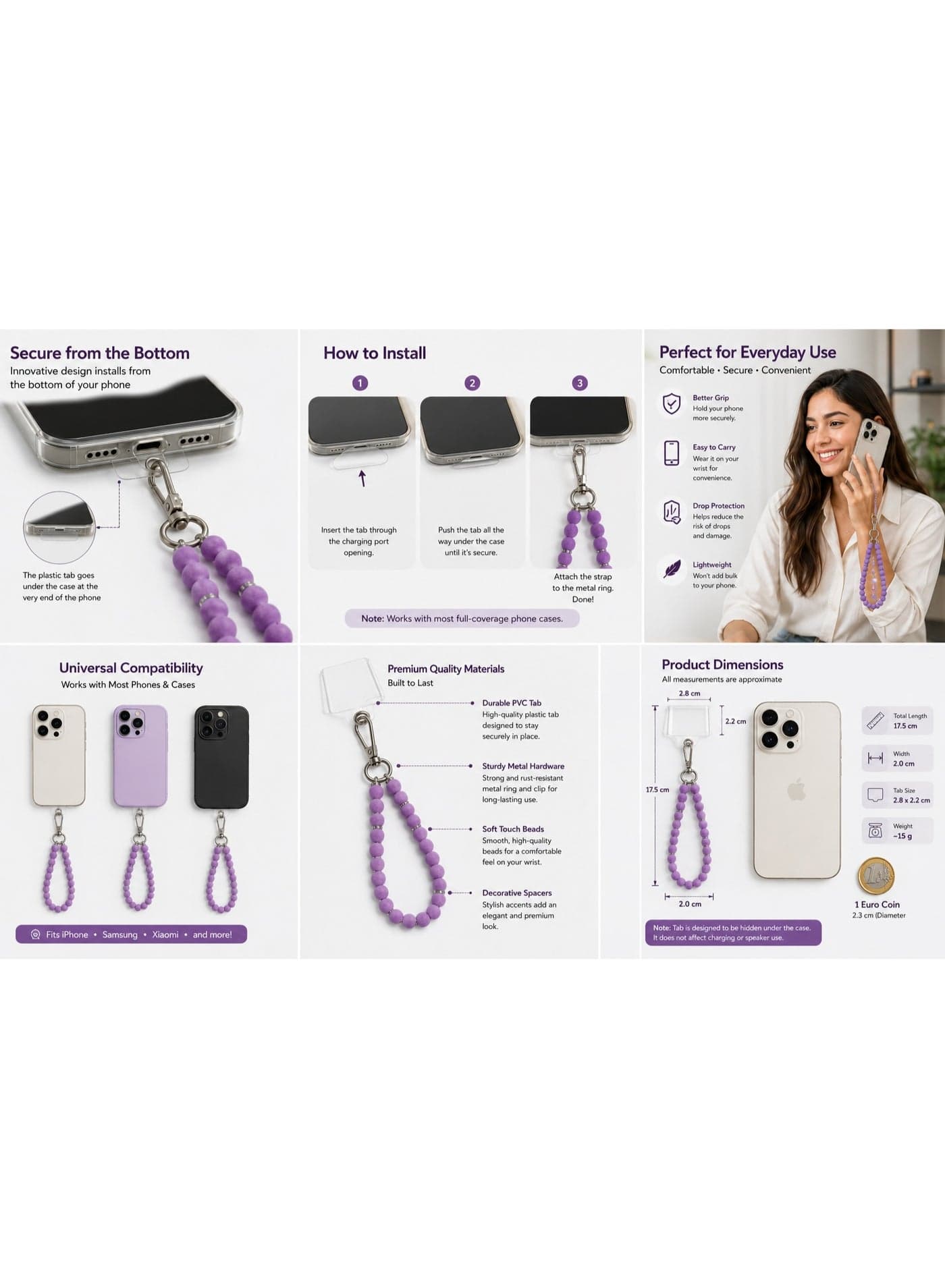 Soft Beaded Phone Wrist Strap Lanyard with Silver Rhinestone Spacers, Clear Tether Tab & 360° Swivel Metal Clip for Smartphones, Lavender - 1 Pack (5)