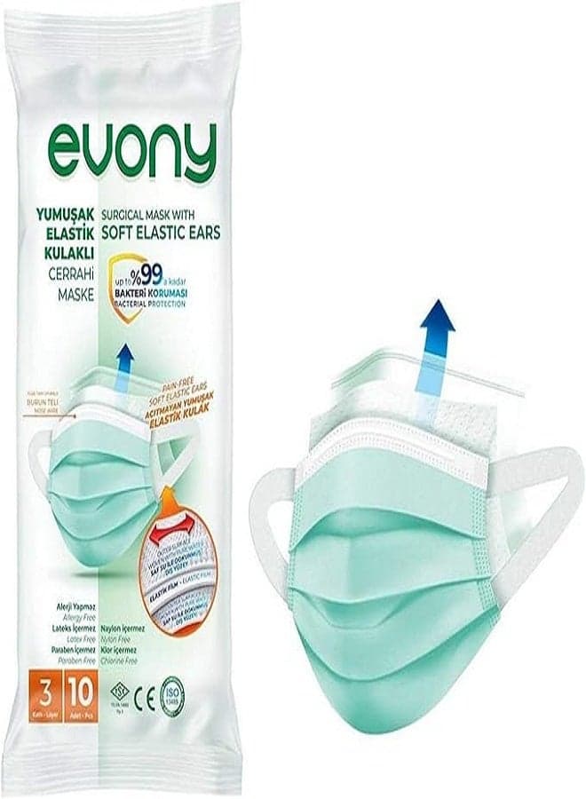 3-Ply Surgical Face Mask Blue Color – Pack of 10 Pieces with Soft Elastic Ear Loops Medical Masks (٢)