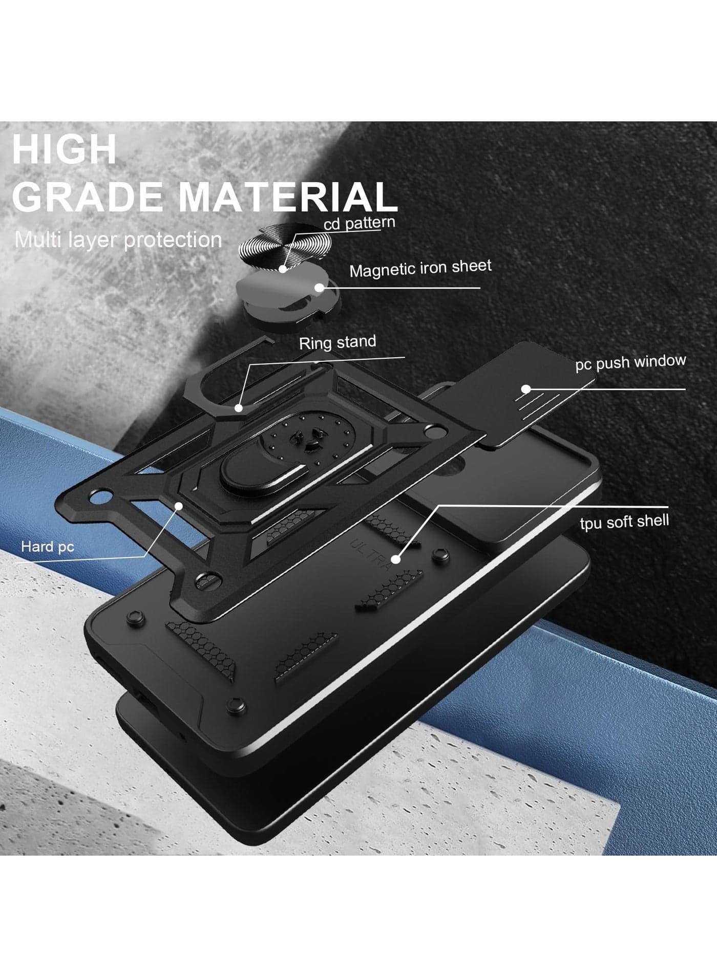 Case Cover Shockproof Protective Case with Camera Protection and Metal Ring Compatible with Moto G75 (Black) (3)