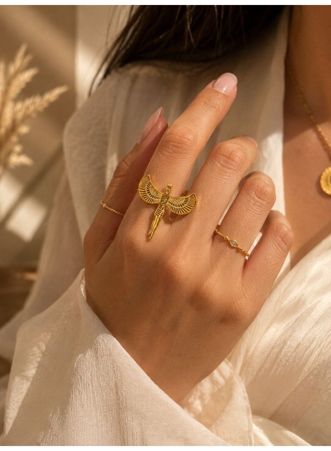 Stainless Steel Isis Ring for Women, Ancient Egyptian Winged Goddess Isis Motif, Egyptian Mythology Statement Ring, Vintage Inspired Fashion Jewelry Women's Rings (٤)