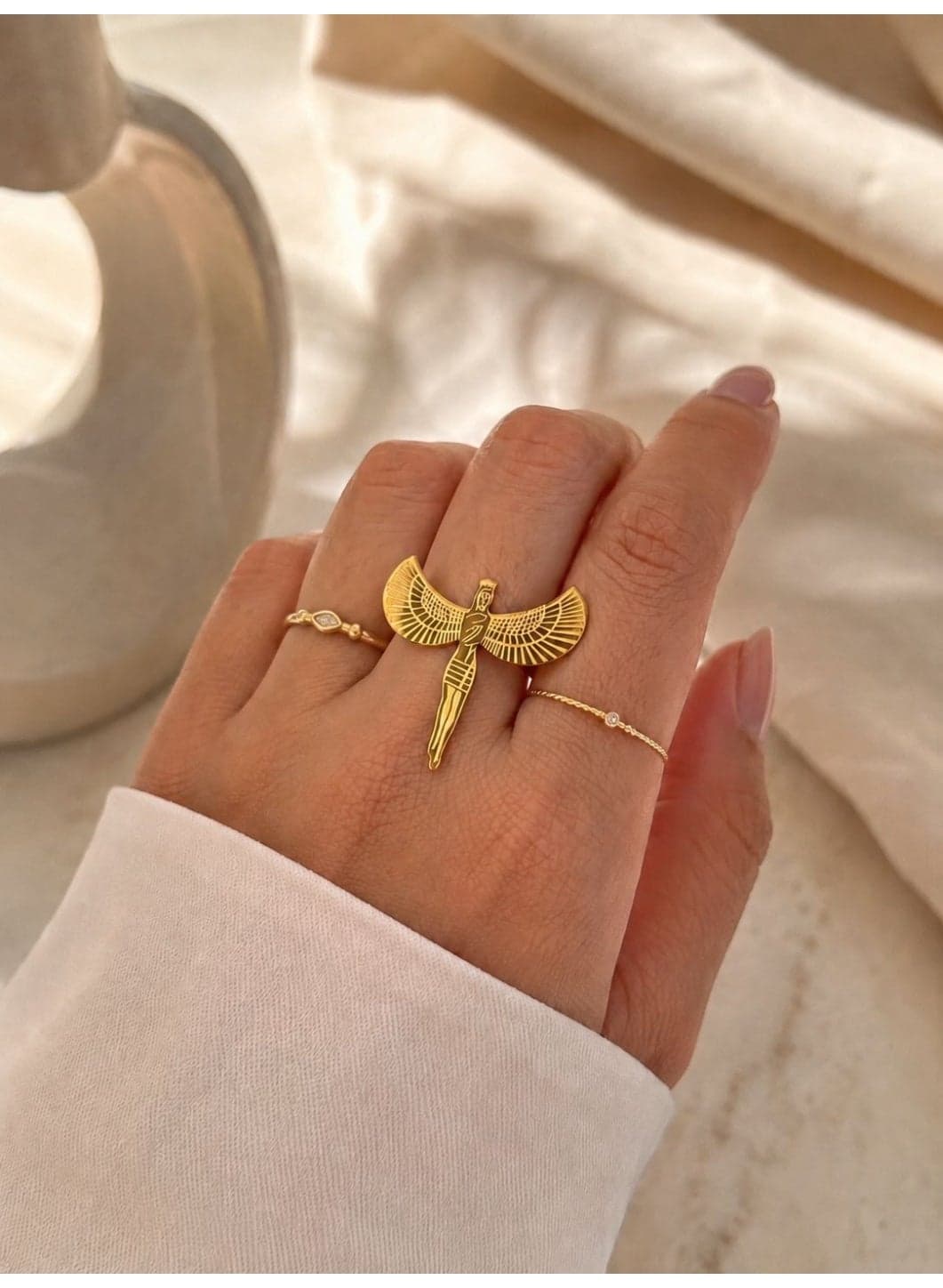 Stainless Steel Isis Ring for Women, Ancient Egyptian Winged Goddess Isis Motif, Egyptian Mythology Statement Ring, Vintage Inspired Fashion Jewelry Women's Rings