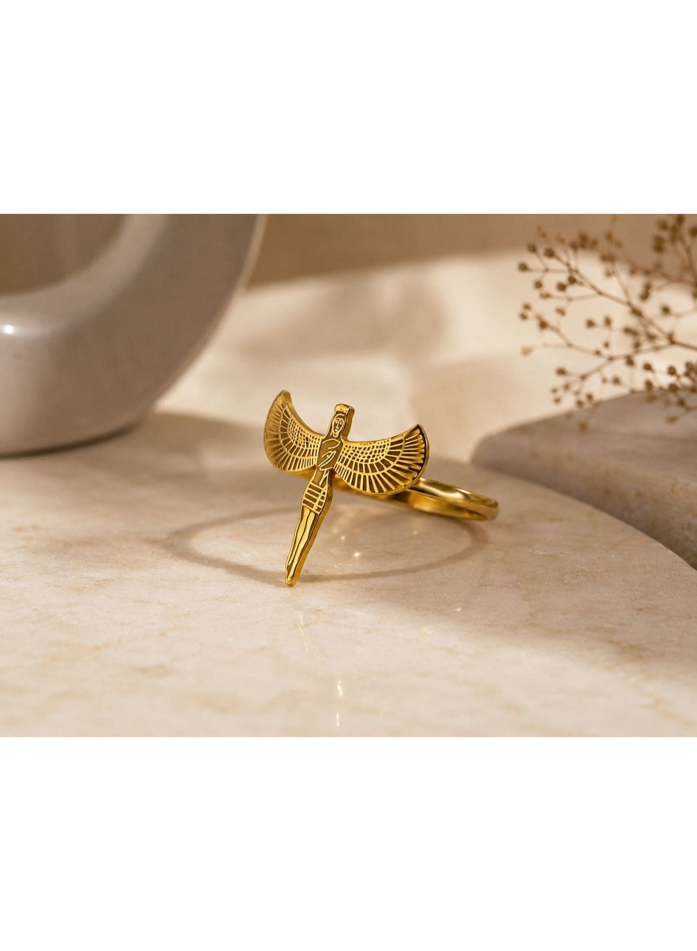 Stainless Steel Isis Ring for Women, Ancient Egyptian Winged Goddess Isis Motif, Egyptian Mythology Statement Ring, Vintage Inspired Fashion Jewelry Women's Rings (٢)