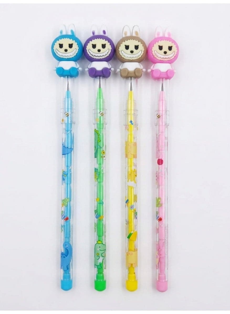 4-Piece Cute Cartoon Stacking Pencils Set Wooden Lead Pencils