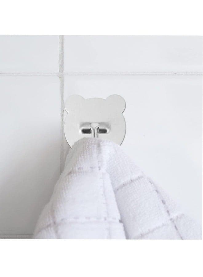 6 Pack Teddy Bear Shaped Holder Made of High Quality Metal with Self Adhesive Hook No Tools or Drilling for Wall Mounting Perfect for Kitchen, Bathroom, Bedroom or Office - Silver (10)