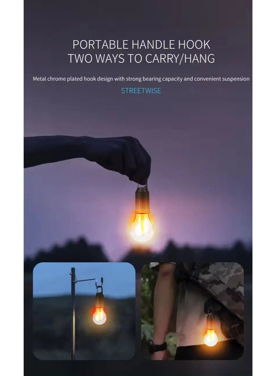 Rechargeable Solar LED Camping Lantern Light Bulb with Hanging Hook and Type-C Charging - Conical Model (٩)