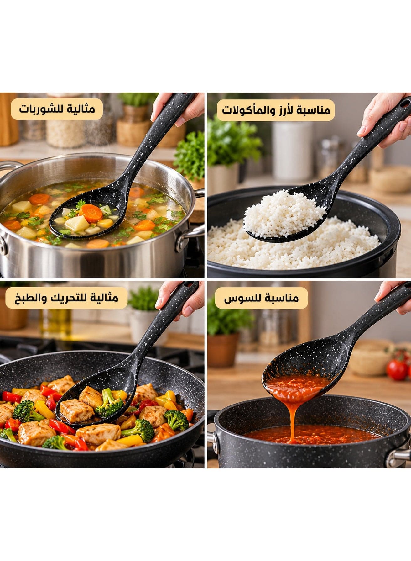 Large Kitchen Serving Spoon, 27 cm Overall Length with 6 x 8 cm Spoon Head, Black Speckled Design with Long Easy-Grip Handle and Hanging Hole, Multipurpose Cooking and Serving Spoon for Rice, Pasta, Vegetables, Soup, Stews, Sauces and Everyday Meal Preparation (2)