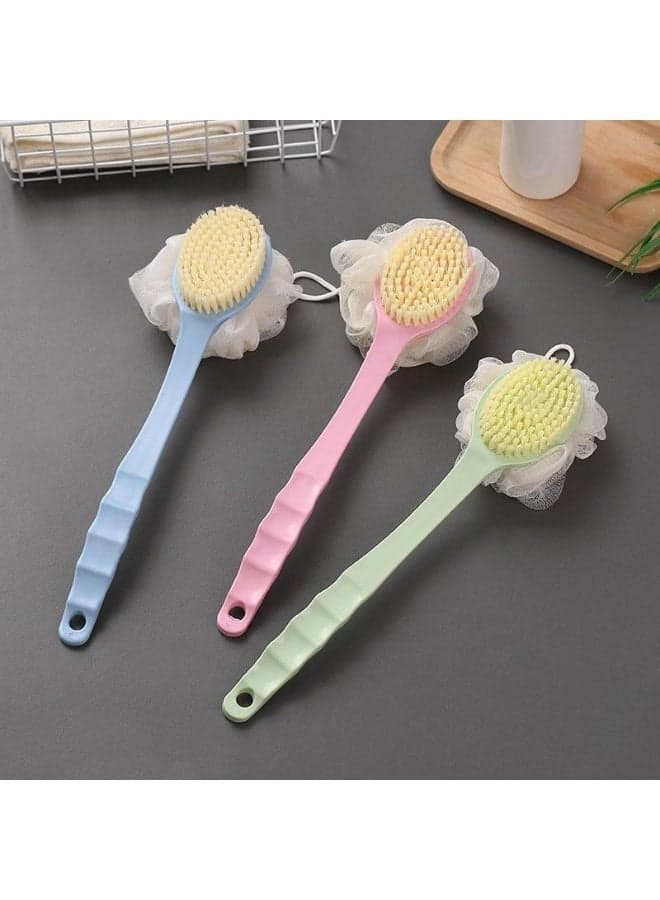 Double Sided Long Handle Bath Brush - Double Sided Bath Loofah - Back Scrubber and Full Body Scrubber - Soft Bristles and Mesh Sponge - Perfect for Men and Women ( Color may very ) (3)
