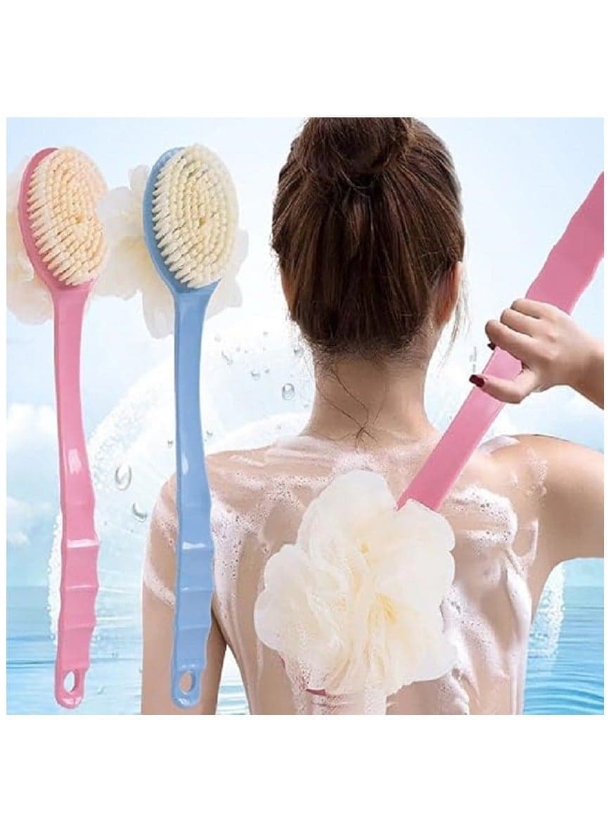 Double Sided Long Handle Bath Brush - Double Sided Bath Loofah - Back Scrubber and Full Body Scrubber - Soft Bristles and Mesh Sponge - Perfect for Men and Women ( Color may very ) (5)
