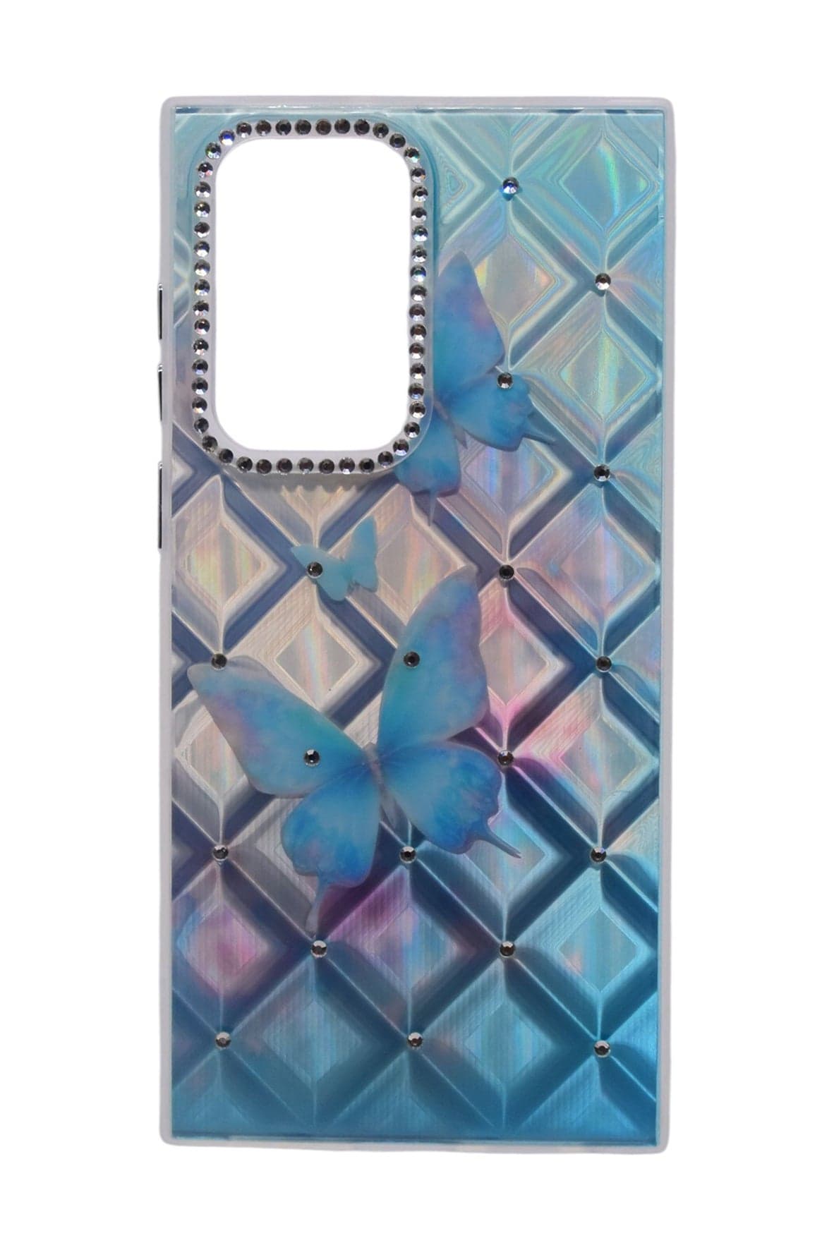 TPU Butterflies Printed Back Cover Case with Rhinestone Camera Border For Samsung Galaxy S22 Ultra - Light Blue Transparent