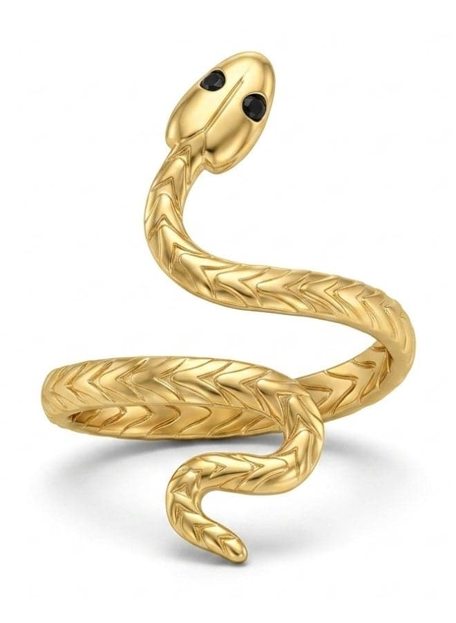 Adjustable Gold Tone Snake Wrap Statement Ring with Two Black Stone Eyes, Serpent Bypass Ring, Open Wrap Ring and Open Ended Coiled Snake Finger Jewelry with Flexible Fit Across Different Fingers, Sculpted Serpent Shape with Contoured Head, Curved Tail, Polished Metallic Gold Tone Finish and Engraved Chevron Herringbone Scale Texture, Single 1 Piece Decorative Fashion Accessory for Women and Unisex Everyday Wear, Statement Styling, Gift Giving and Serpent Themed Jewelry Collectors Women's Rings