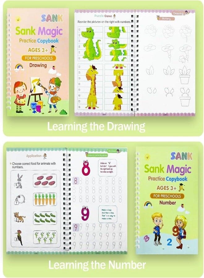 Magic Book, 4 Calligraphy Exercises + 5 Refills + 1 Pen Holder + 1 Writing Aid, Reusable Exercise Book, Exercise Book Set, for Children Calligraphy, Numbers, Drawing, Letters (English) Drawing & Painting Supplies (٣)