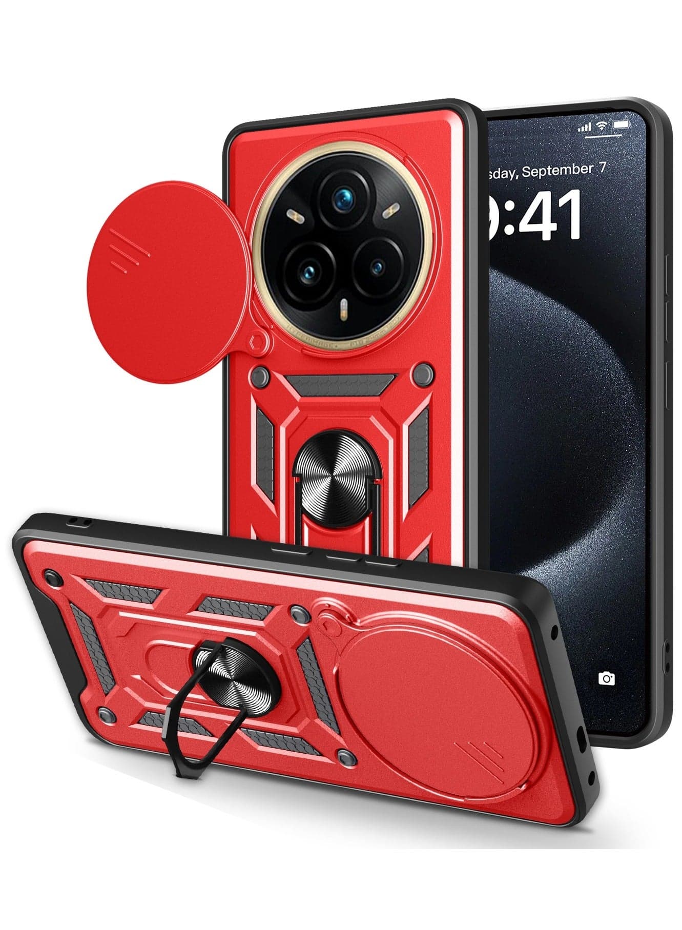 Case Cover Shockproof Protective Case with Camera Protection and Metal Ring Compatible with Realme 14 Pro Plus (Red)