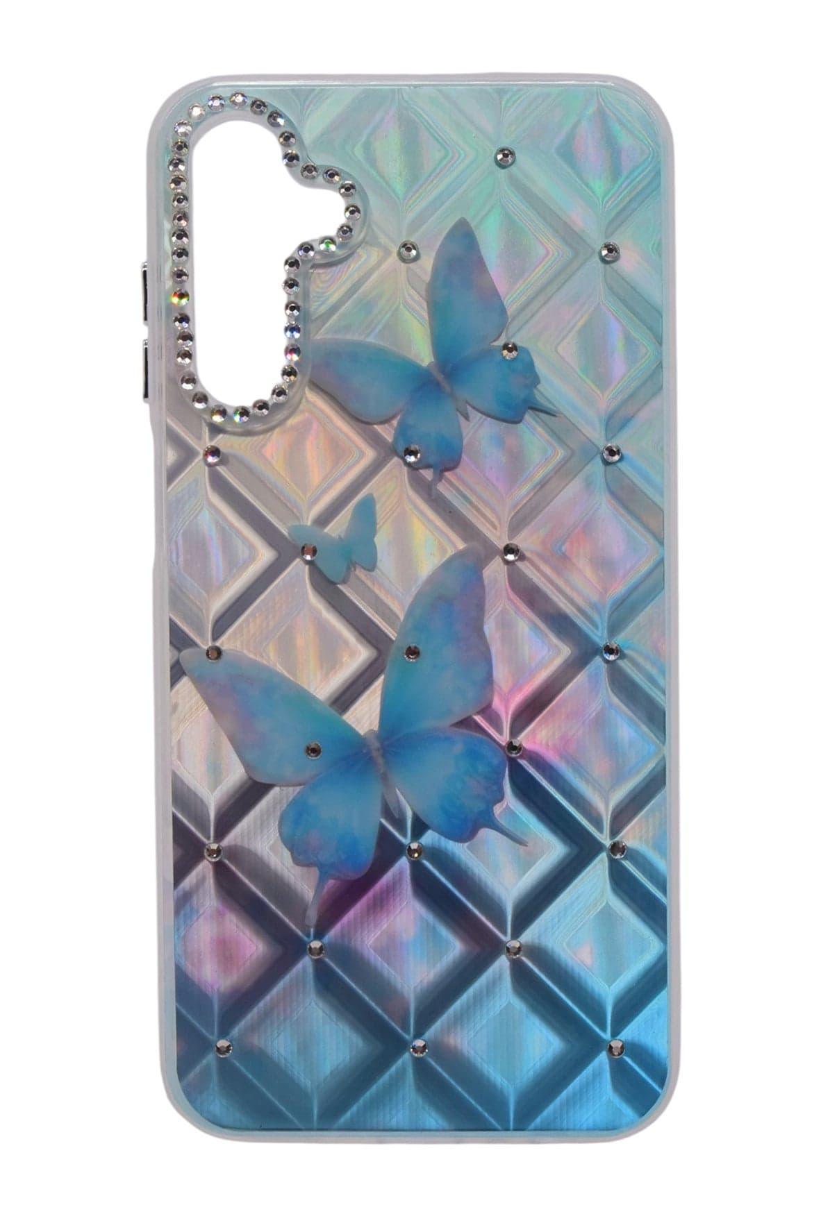 TPU Butterflies Printed Back Cover Case with Rhinestone Camera Border For Samsung Galaxy A15 - Light Blue Transparent