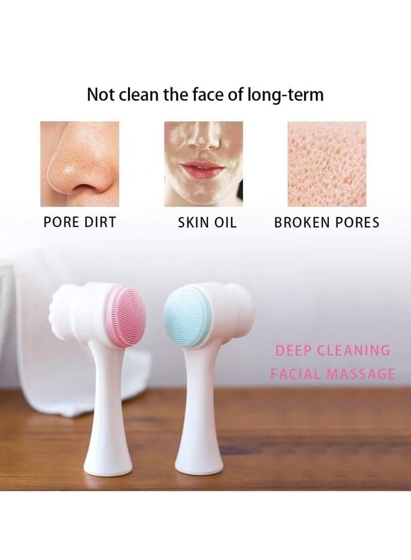 2 Pack Facial Cleansing Brush, Waterproof Manual Facial Cleansing Exfoliating Brush Double Head Silicone Deep Pore Exfoliating Makeup Washing Brush-Random Color (3)