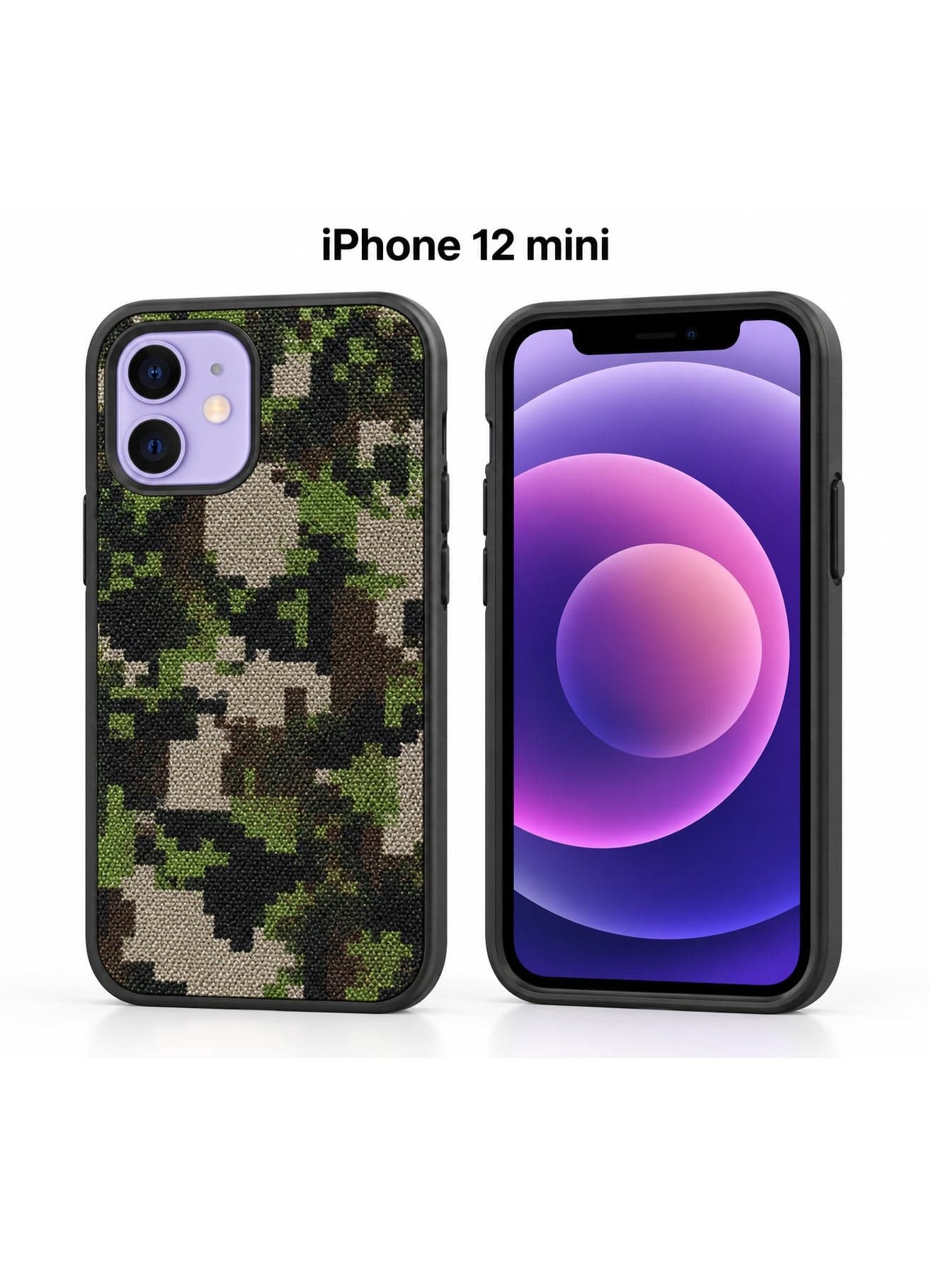 Shockproof Hybrid Protective Case with Camouflage Fabric Back & Flexible TPU Frame for iPhone 12 mini - Digital Pixel Green Camo
