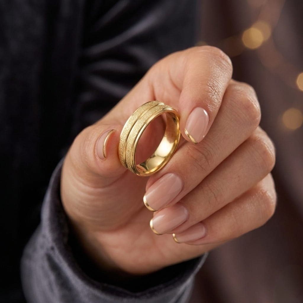 A unisex gold-tone ring, crafted from durable stainless steel, featuring a brilliant shine and sparkling details for an attractive look. Perfect for engagements and special occasions! Women's Rings (2)